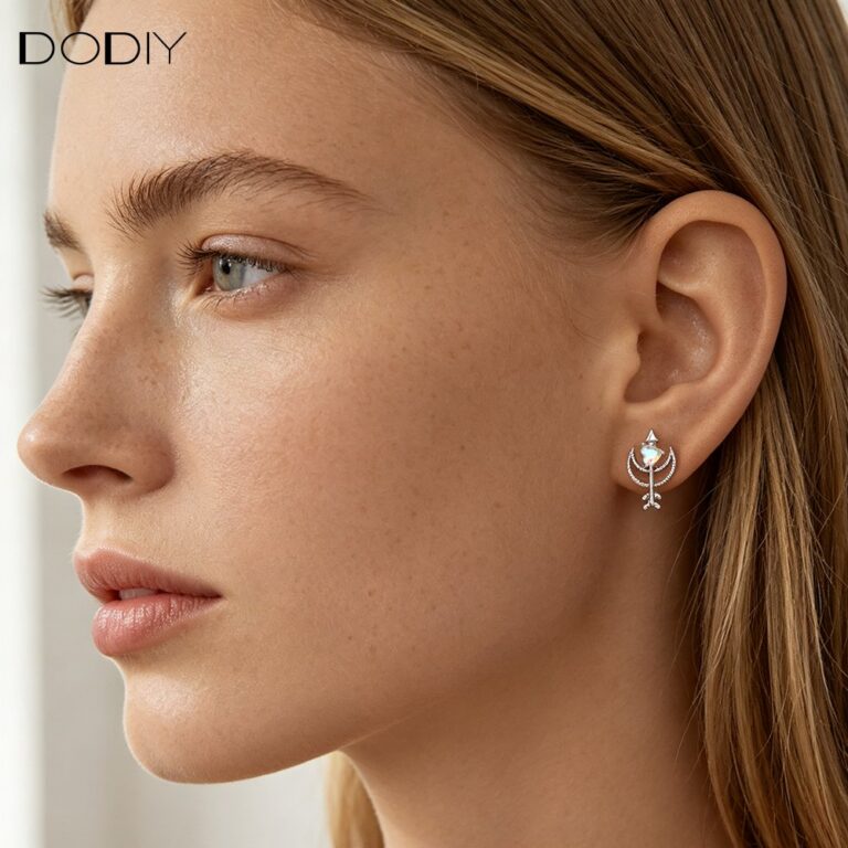 Fashion jewelry Brass Fishbone and Crescent Moon Colorful Zircon Drop Earrings