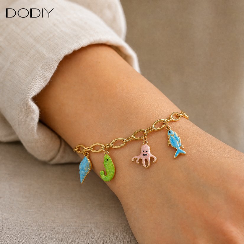 Starter Kits 18K PVD Gold 316L Stainless Steel Paperclip Chain DIY Ocean Enamel Charm Bracelet Anklet Necklace, Octopus Fish Conch Sea Charms Jewelry, Waterproof Tarnish Resistant